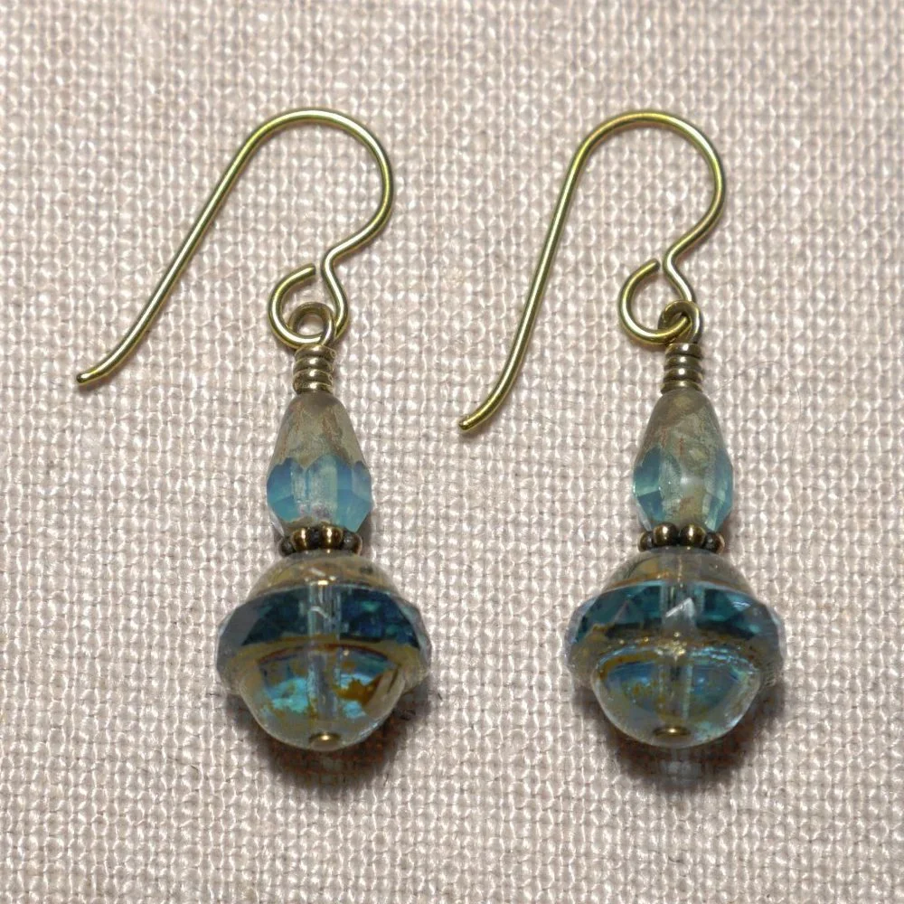 Hand Crafted Handmade Earrings Translucent Aqua Czech Glass Beaded Earri… - Picture 1 of 4